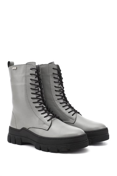 Womens Gray Zippered Rubber Sole Genuine Leather Combat Boots