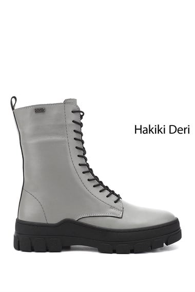 Kadın Gri Fermuarlı Kauçuk Taban Hakiki Deri Postal Bot