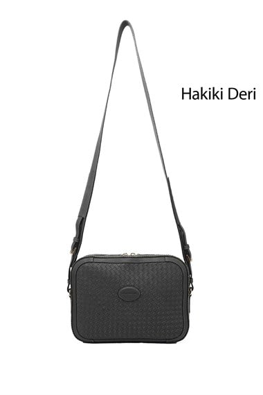 Kadın Gri Hakiki Deri Hasır Örgü Uzun Askılı Omuz Çantası