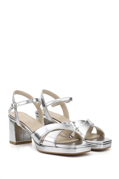 Kadın Gümüş Bilekten Bağlı Platform Topuklu Sandalet