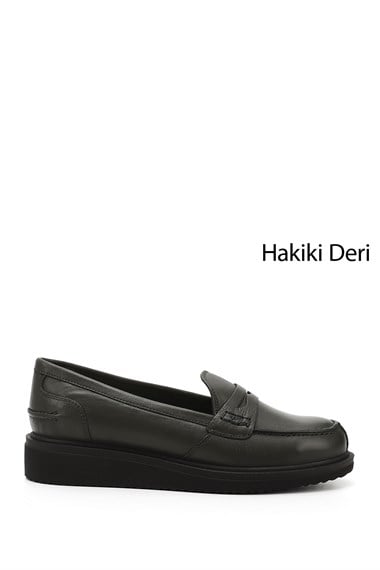 Kadın Haki Antik Dolgu Taban Hakiki Deri Loafer Ayakkabı
