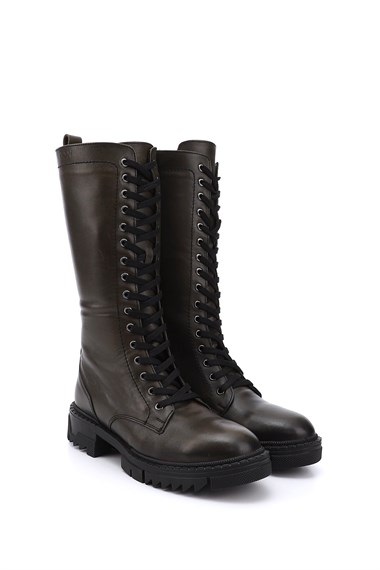 Womens Khaki Antique Zipper Thick Heel Genuine Leather Combat Boots