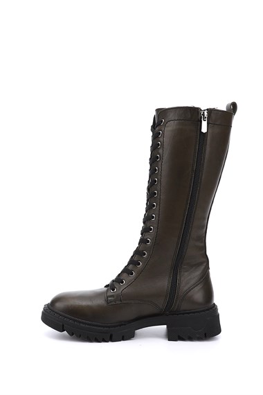 Womens Khaki Antique Zipper Thick Heel Genuine Leather Combat Boots
