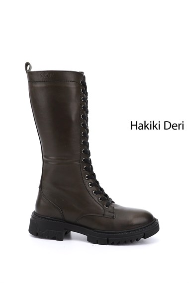 Womens Khaki Antique Zipper Thick Heel Genuine Leather Combat Boots