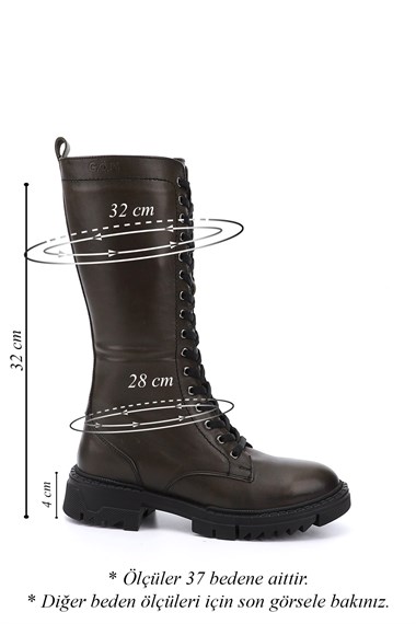 Womens Khaki Antique Zipper Thick Heel Genuine Leather Combat Boots