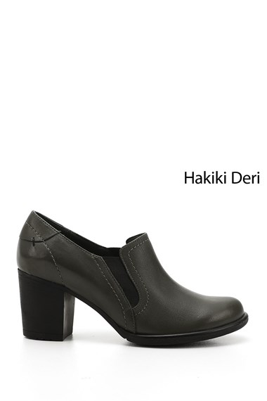 Kadın Haki Antik Orta Kalın Topuklu Hakiki Deri Ayakkabı
