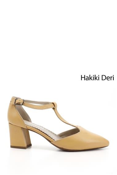 Kadın Hardal Bilekten Bağlı Orta Topuklu Hakiki Deri Ayakkabı