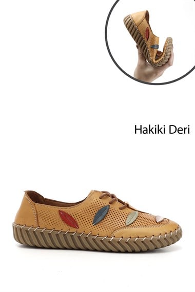 Kadın Hardal Dolgu Taban Bağcıklı Hakiki Deri Comfort Ayakkabı