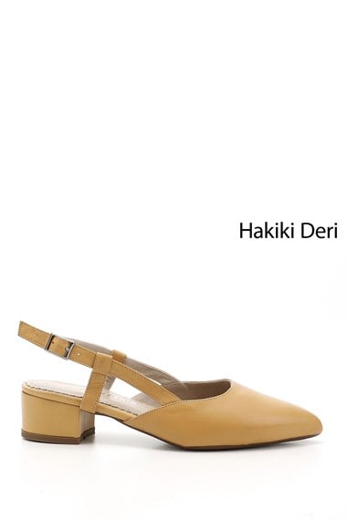 Kadın Hardal Kalın Topuklu Arkası Açık Hakiki Deri Ayakkabı
