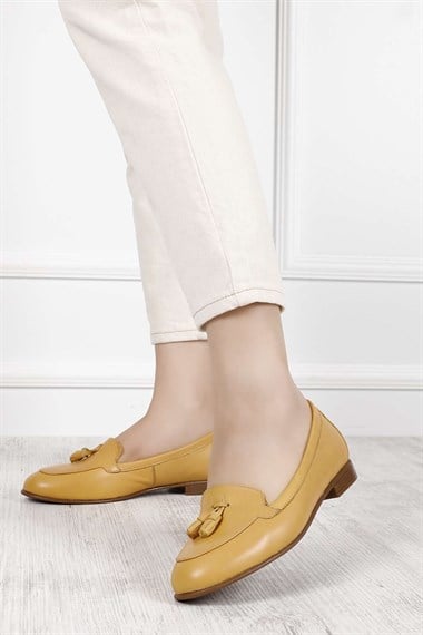 Womens Mustard Tassel Genuine Leather Ballerina