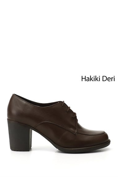 Kadın Kahve Antik Bağcıklı Orta Kalın Topuklu Hakiki Deri Oxford Ayakkabı