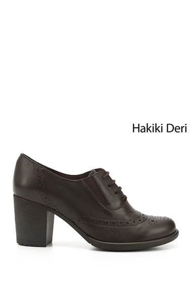 Kadın Kahve Antik Bağcıklı Orta Kalın Topuklu Hakiki Deri Oxford Ayakkabı