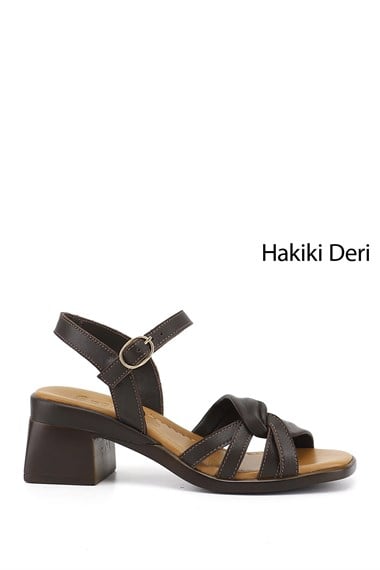 Kadın Kahve Antik Bilek Bağlı Kalın Topuklu Hakiki Deri Sandalet