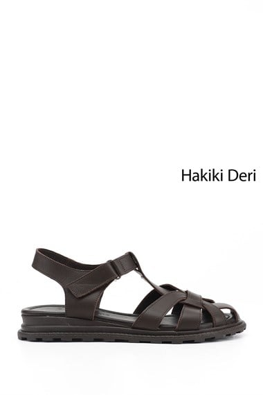 Kadın Kahve Antik Cırt Bantlı Burnu Kapalı Hakiki Deri Sandalet