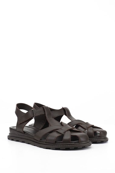 Womens Brown Antique Velcro Strapped Closed Toe Genuine Leather Sandals