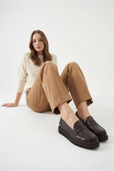 Womens Brown Antique Wedge Sole Genuine Leather Loafer Shoes