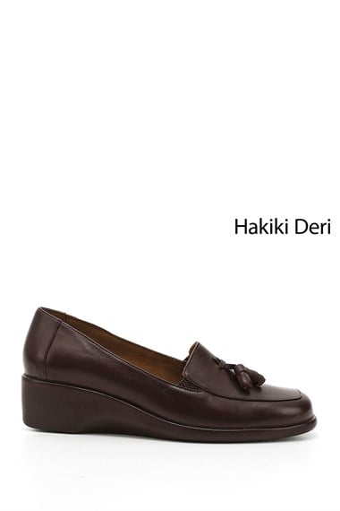 Kadın Kahve Antik Dolgu Taban Püsküllü Hakiki Deri Ayakkabı