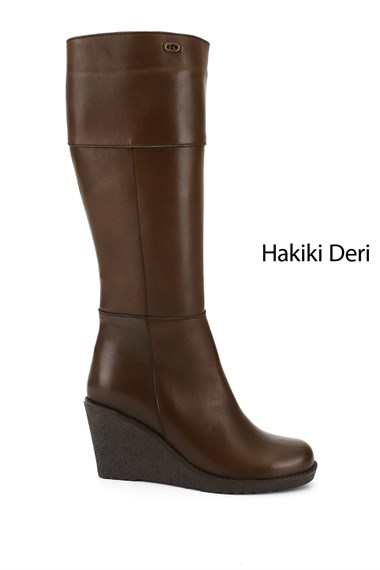 Kadın Kahve Antik Fermuarlı Dolgu Topuklu Hakiki Deri Çizme