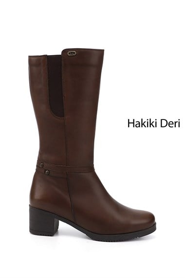 Kadın Kahve Antik Fermuarlı Kalın Topuklu Hakiki Deri Çizme