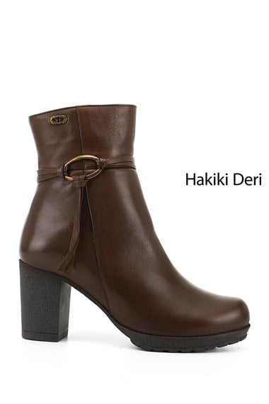 Kadın Kahve Antik Fermuarlı Kalın Topuklu Hakiki Deri Bot