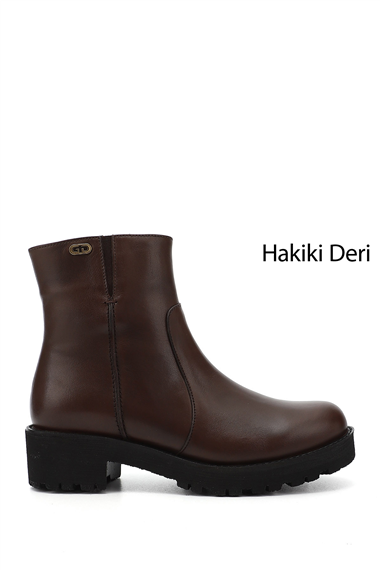 Kadın Kahve Antik Fermuarlı Kalın Topuklu Hakiki Deri Bot