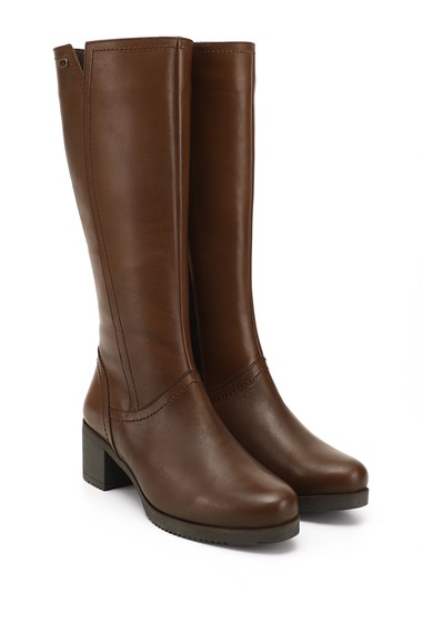 Womens Brown Antique Zippered Thick Heeled Genuine Leather Boots