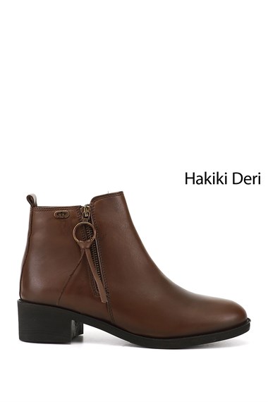 Kadın Kahve Antik Fermuarlı Kalın Topuklu Fermuarlı Hakiki Deri Bot