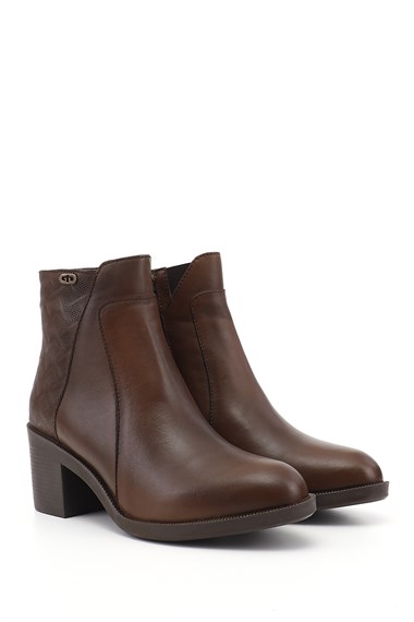 Kadın Kahve Antik Fermuarlı Kalın Topuklu Hakiki Deri Bot