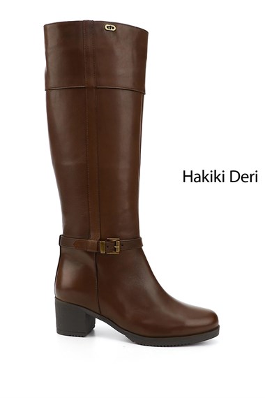 Kadın Kahve Antik Fermuarlı Kalın Topuklu Hakiki Deri Çizme