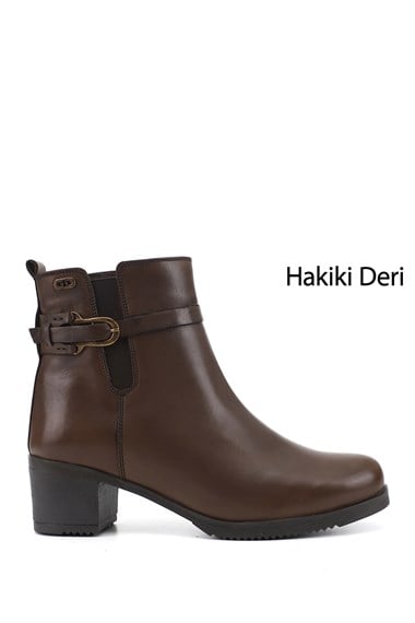 Kadın Kahve Antik Fermuarlı Kalın Topuklu Hakiki Deri Bot