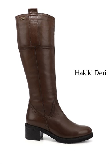 Kadın Kahve Antik Fermuarlı Kalın Topuklu Hakiki Deri Çizme