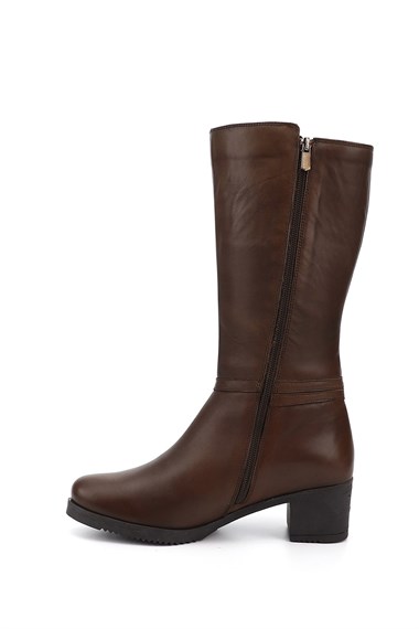 Womens Brown Antique Zipper Thick Heel Genuine Leather Boots