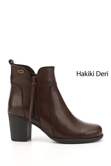 Kadın Kahve Antik Fermuarlı Kalın Topuklu Hakiki Deri Bot