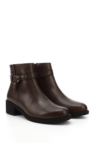 Womens Brown Antique Zippered Thick Heeled Genuine Leather Boots
