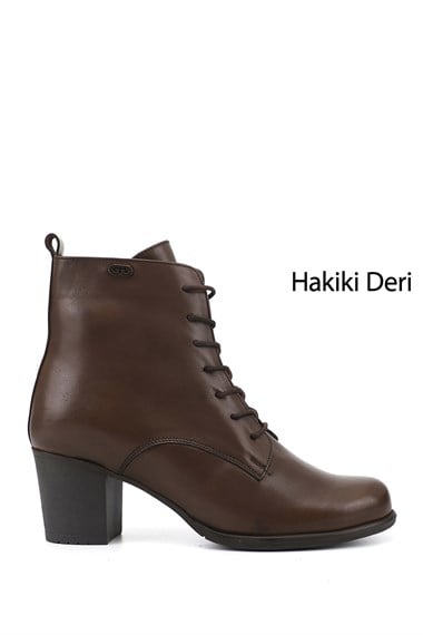 Kadın Kahve Antik Fermuarlı Kalın Topuklu Hakiki Deri Postal Bot