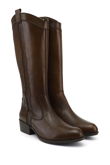 GÖNDERİ® Genuine Leather Round Toe Heeled Womens Casual Boots 47538