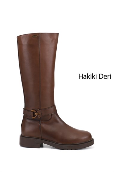 Kadın Kahve Antik Fermuarlı Kalın Topuklu Hakiki Deri Çizme