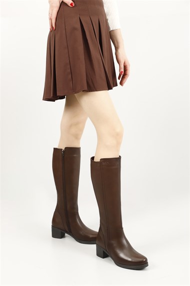 Womens Brown Antique Zipper Thick Heel Genuine Leather Boots
