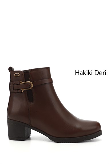 Kadın Kahve Antik Fermuarlı Kalın Topuklu Hakiki Deri Bot
