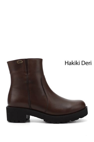 Kadın Kahve Antik Fermuarlı Kalın Topuklu Hakiki Deri Bot