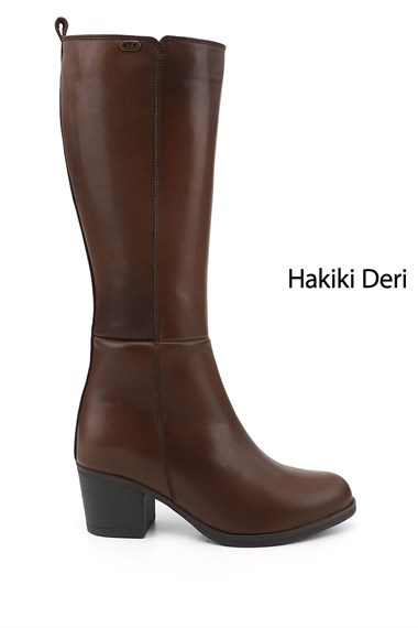 Womens Brown Antique Zippered Thick Heeled Genuine Leather High Boots