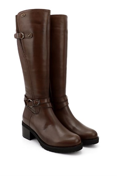 Gön  Genuine  leather round nose rubber sole heels zipper buckled women daily boot 44562