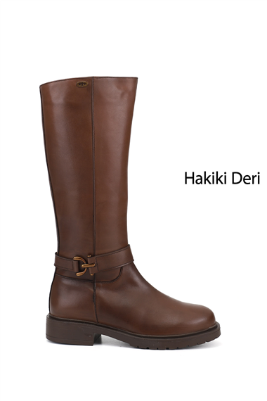 Kadın Kahve Antik Fermuarlı Kalın Topuklu Hakiki Deri Çizme