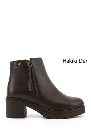 Kadın Kahve Antik Fermuarlı Kalın Topuklu Hakiki Deri Bot