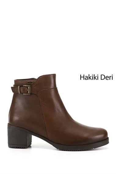 Kadın Kahve Antik Fermuarlı Kalın Topuklu Hakiki Deri Bot