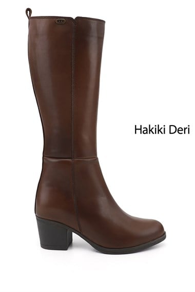 Kadın Kahve Antik Fermuarlı Kalın Topuklu Hakiki Deri Çizme