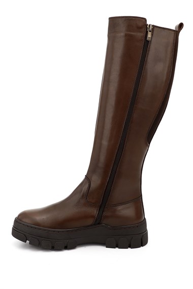 Gön Genuine Leather Round Toe Platform Heel Zippered Womens Casual Boots