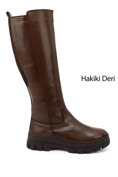 Gön Genuine Leather Round Toe Platform Heel Zippered Womens Casual Boots