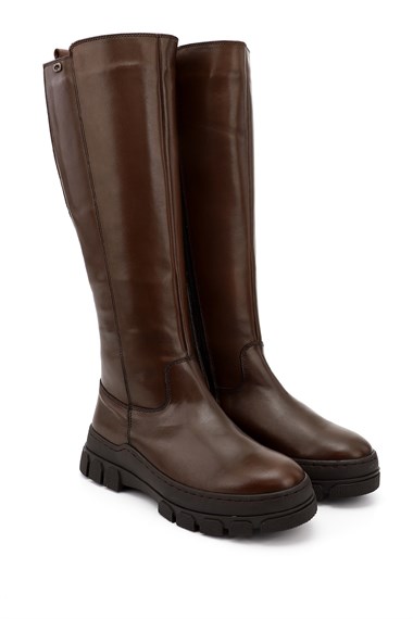 Gön Genuine Leather Round Toe Platform Heel Zippered Womens Casual Boots