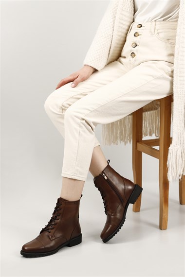 Kadın Kahve Antik Fermuarlı Kauçuk Taban Hakiki Deri Postal Bot